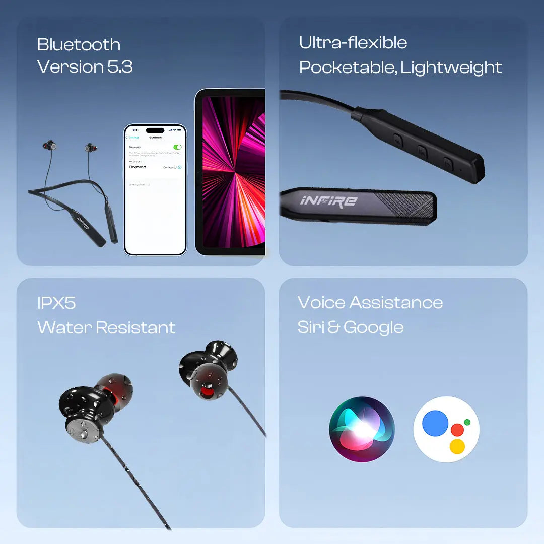 iNFiRe FireBand 103 in-Ear BT 5.3v Neckband with Up to 30 Hours Playback | Type C | IPX5 Water Resistant | Voice Assistant | 10 mm Driver & Magnetic Earpeice (Black) - iNFiRe