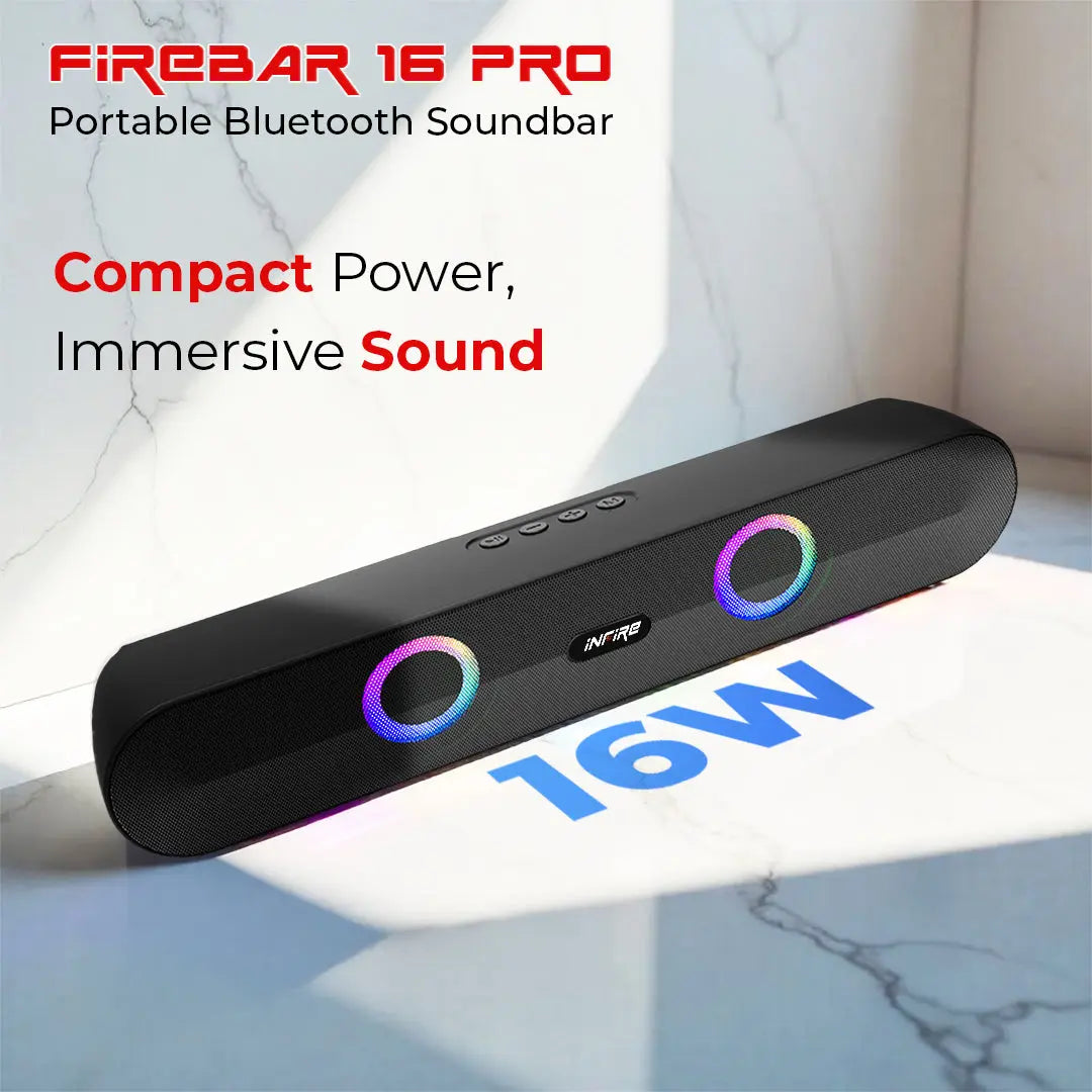 iNFiRe Newly Launched FireBar 16 Pro I 16W Bluetooth Soundbar, Sleek Design with Multicolour RGB Lights, Soundbar for Phone/TV/Laptop/Tablets, BT 5.4/FM Radio/Aux/TF Card/USB Playback (Black) - iNFiRe