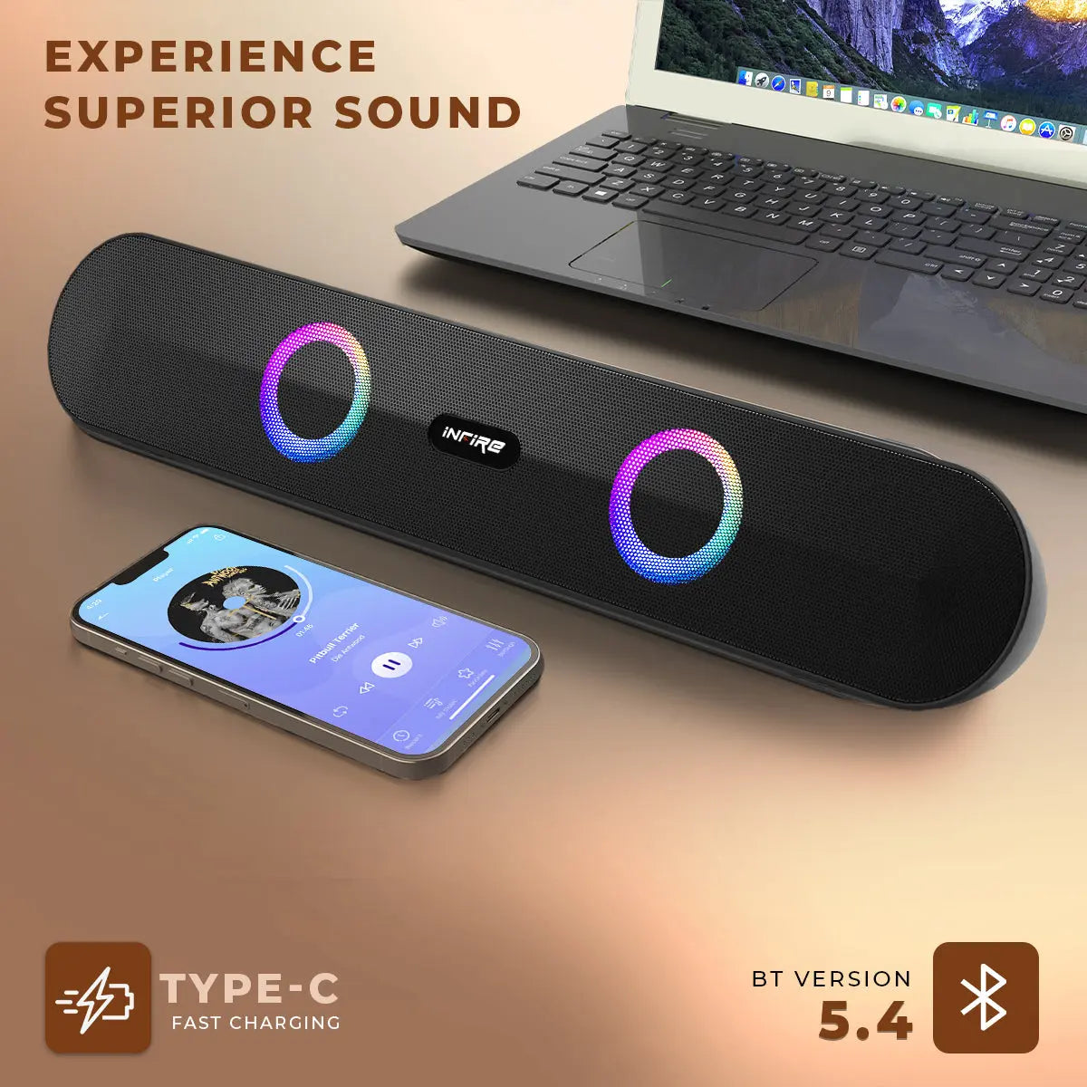 iNFiRe Newly Launched FireBar 16 Pro I 16W Bluetooth Soundbar, Sleek Design with Multicolour RGB Lights, Soundbar for Phone/TV/Laptop/Tablets, BT 5.4/FM Radio/Aux/TF Card/USB Playback (Black) - iNFiRe