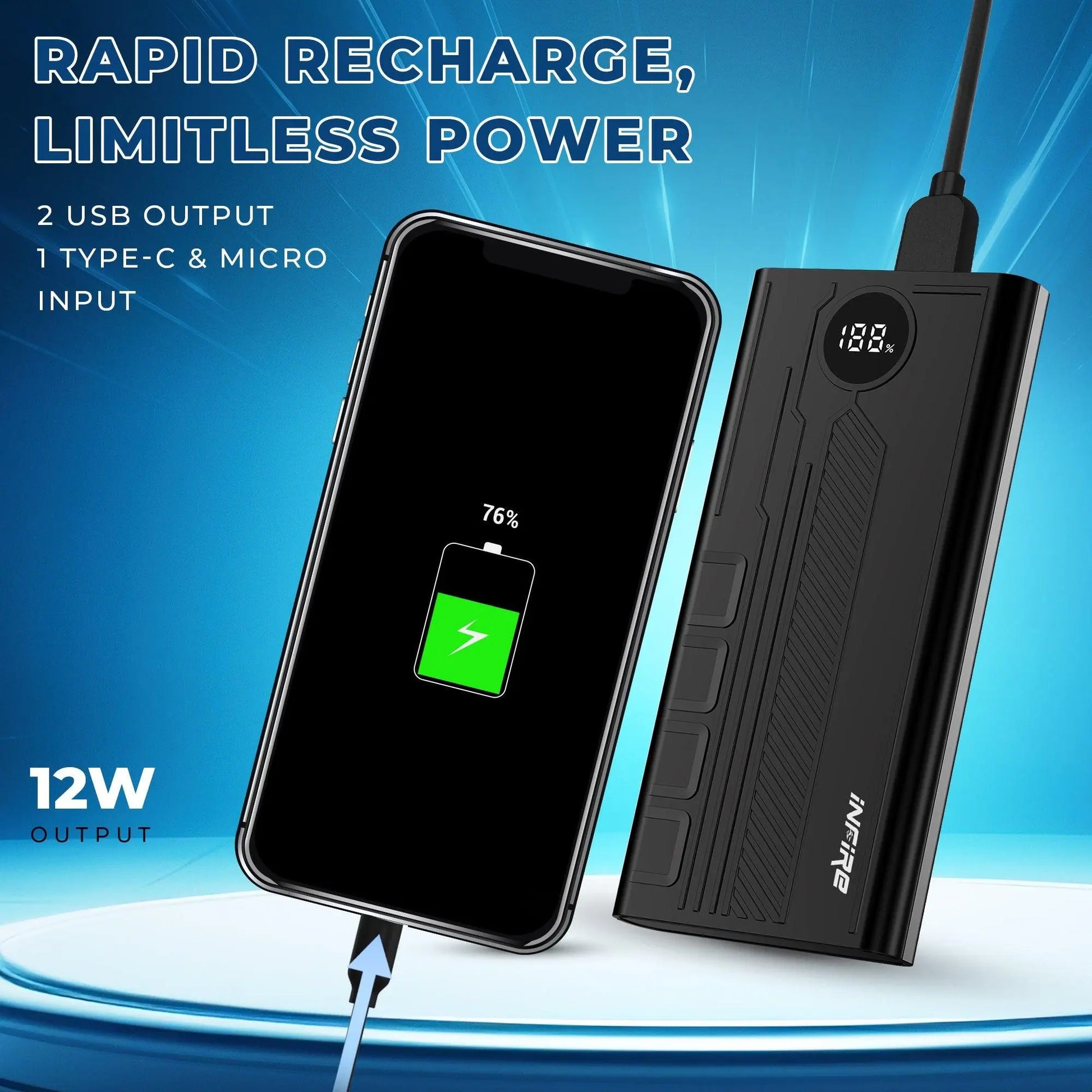Flash 10000mAh 12W Power Bank With Fast Charging | Dual Output Ports | Dual Input Ports | LED Display - iNFiRe