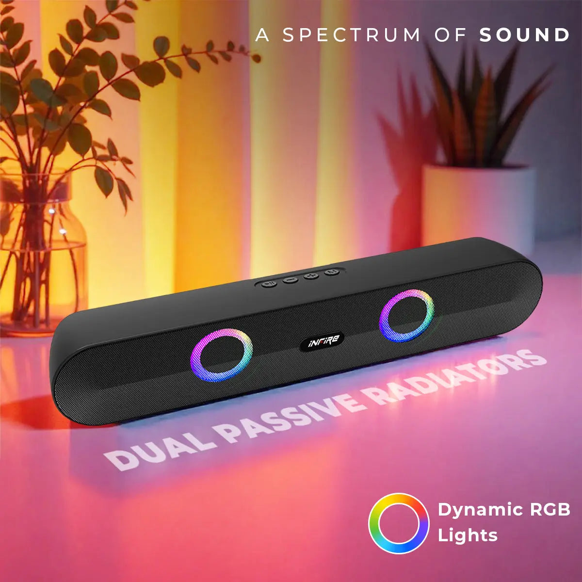 iNFiRe Newly Launched FireBar 16 Pro I 16W Bluetooth Soundbar, Sleek Design with Multicolour RGB Lights, Soundbar for Phone/TV/Laptop/Tablets, BT 5.4/FM Radio/Aux/TF Card/USB Playback (Black) - iNFiRe
